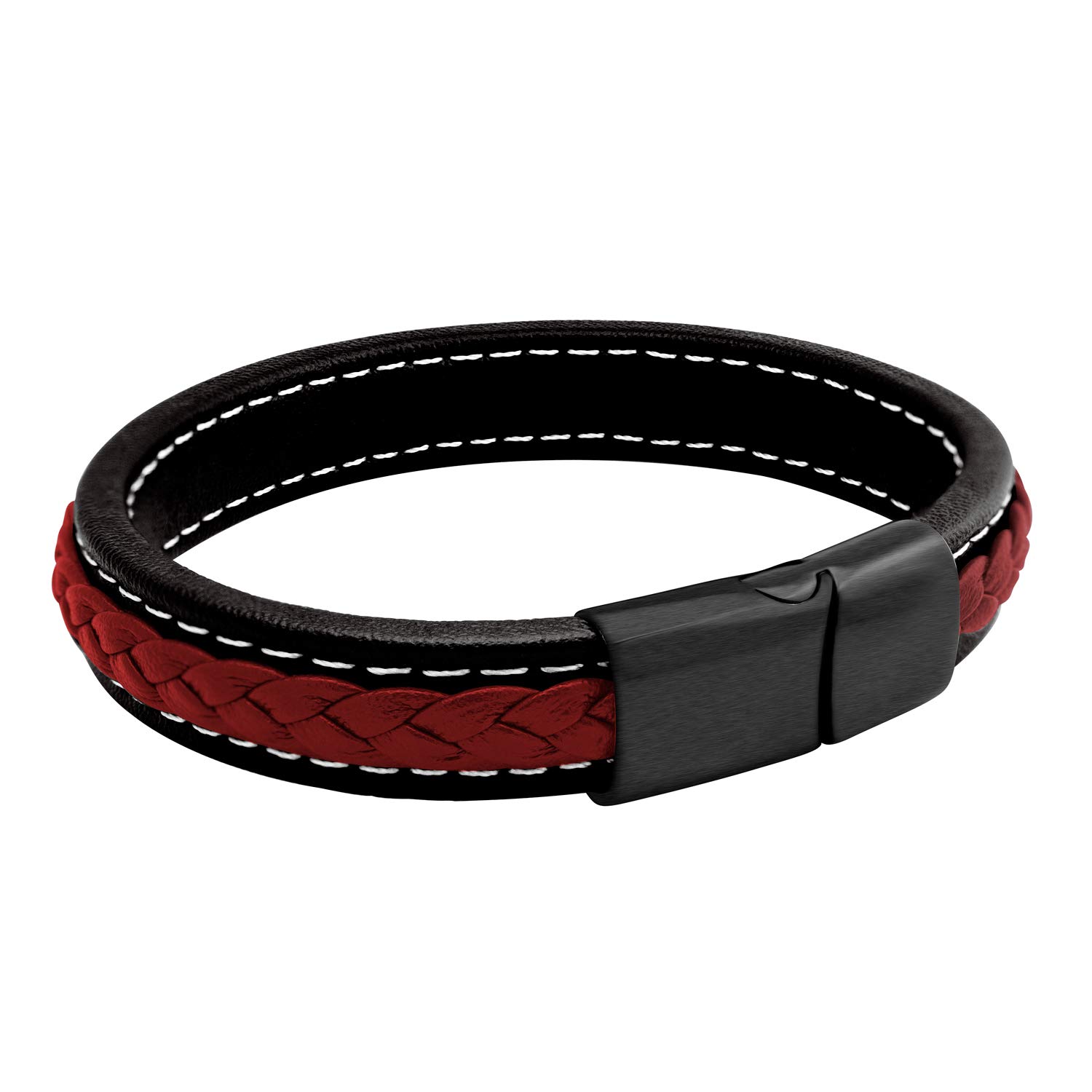 555Jewelry Mens Bracelets Leather and Steel, Magnetic Clasp Braided & Stitched Red and Black Leather Bracelets for Men, Mens Leather Bracelet, Men Bracelets, Black, 9 Inch