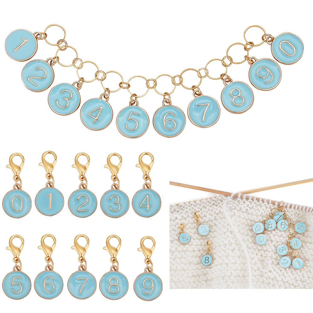 BENECREAT 11Pcs Alloy Enamel Number 0~9 Knitting Row Counter Chains and Blue Enamel Charm Locking Stitch Markers with Lobster Claw Clasps for Knitting Weaving Sewing Accessories