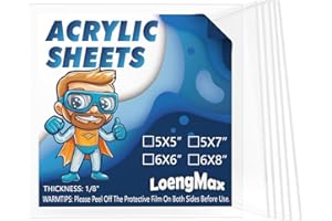 LoengMax 1/8" Thick (3mm) Clear Acrylic Sheet 5" x 5" - 6 Pieces | Cast Plexiglass for DIY Crafts, Sign, Photo Frame, Display Projects