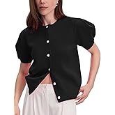 Womens Lightweight Puff Short Sleeve Cardigan Sweater Summer Y2k Cropped Knit Button Up Blouse Tops