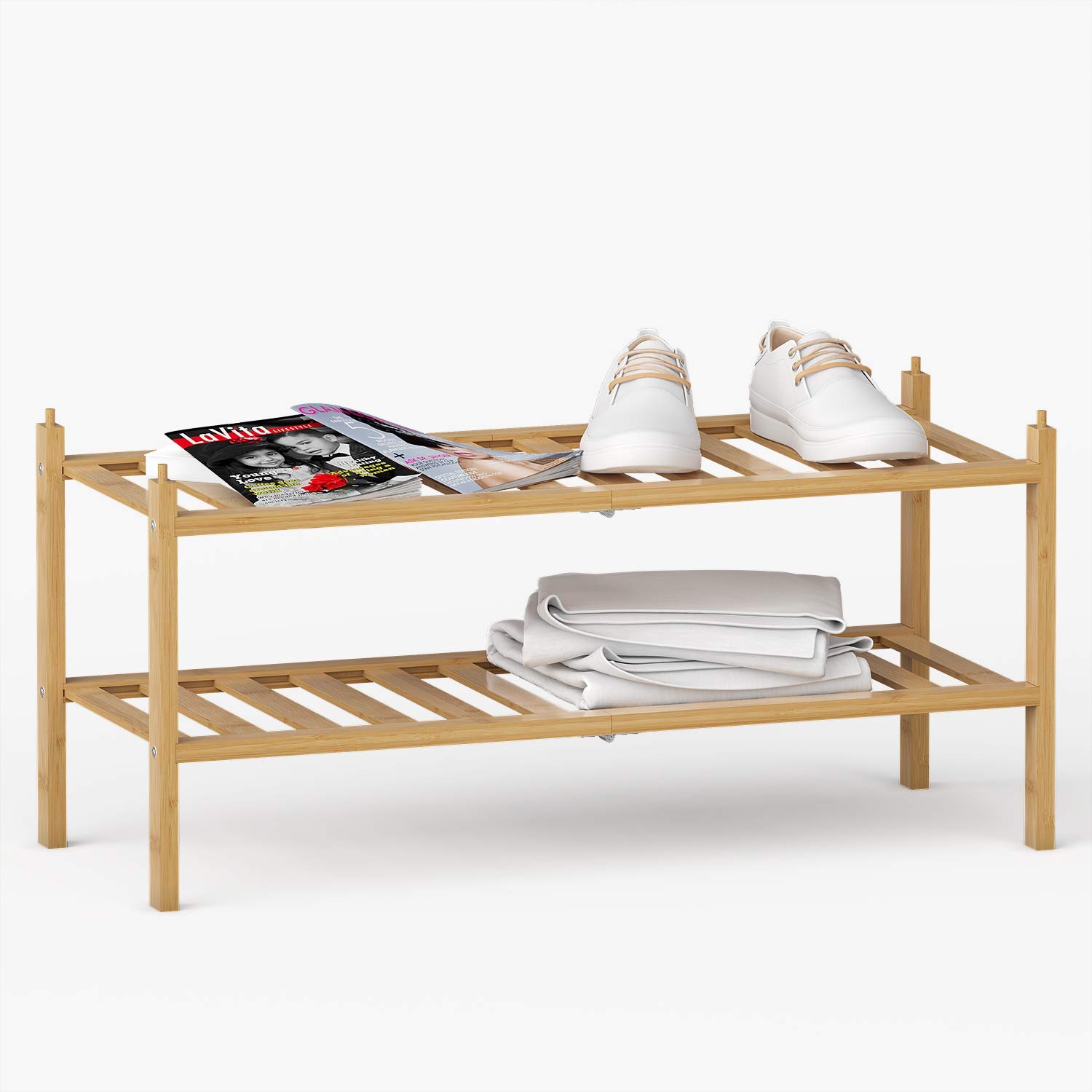 BAMEOS 2Tier Shoe Rack,Bamboo Stackable Shoe shelf