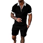 Kubsid White Collar Mixed Black S Men Track Suits 2 Piece Set Summer Casual Outfits Fashion Polo Shirts Short Sleeve and Shorts Set Vacation Clothes