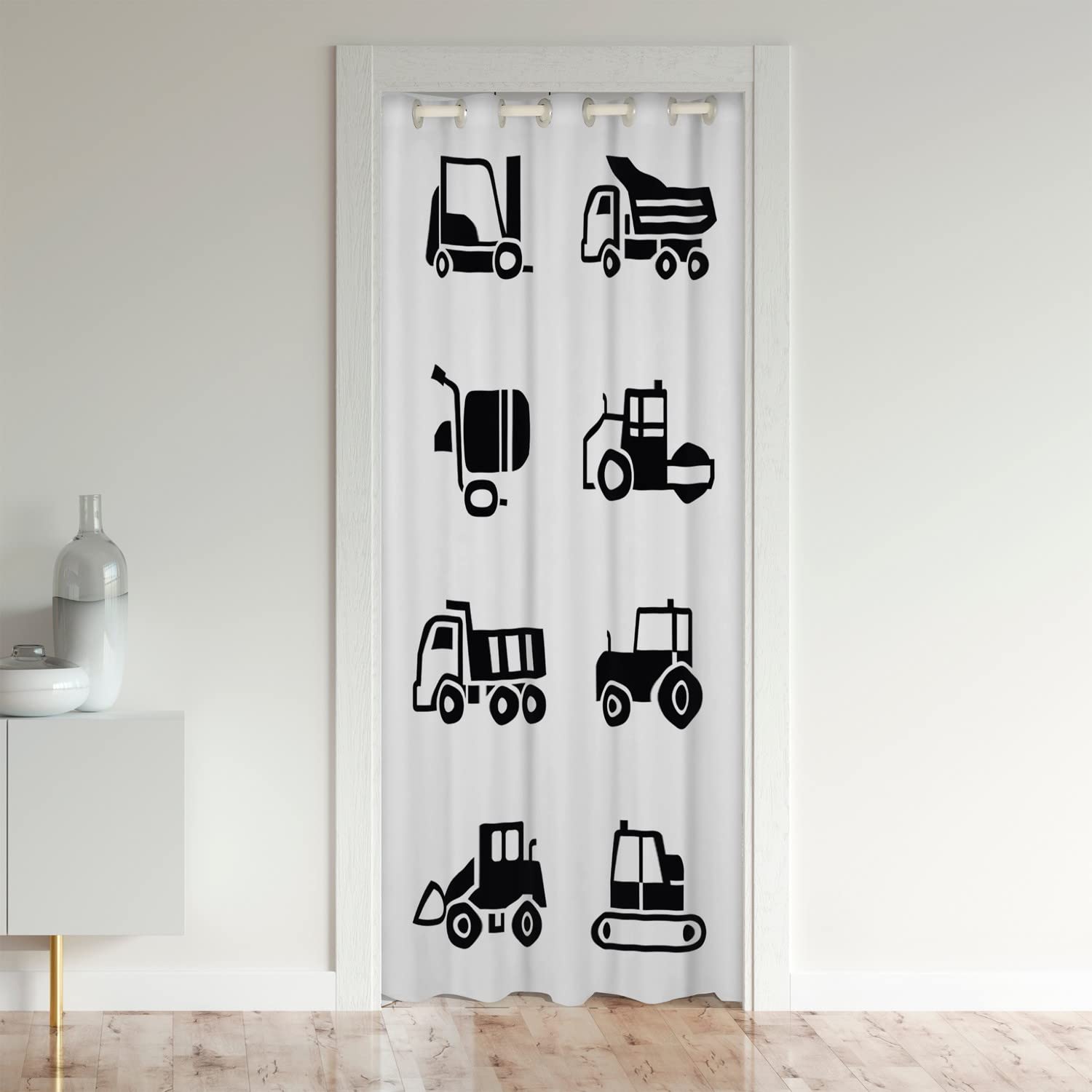 Construction Door Curtain for Doorway Privacy Equipment Trucks Closet Door Cover Curtain for Bedroom Living Room Cartoon Car Excavator Tractor Black White Room Divider Curtain Cover 132x203cm — image 1