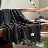 OranFran 100% Cotton 4-Layer Muslin Blanket with Fringes, 80"x90", Dark Grey Bed Blanket, Ultra-Soft Gauze Boho Bedding for All Seasons, Breathable for Couch, Bed(Dark Grey,Queen)