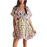 Womens Bohemian Babydoll Dress Casual Summer Floral Dresses Short Sleeve V Neck Sundress Flowy Ruffle Dress