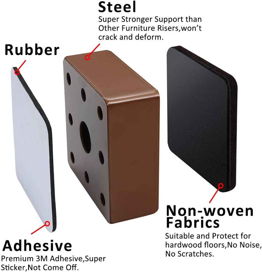 Ezprotekt 4 Pack Furniture Risers Solid Steel Bed Riser Sofa Lift,Adds 1-1/5" Height to Heavy Furniture or Beds Self-Adhesive Furniture Chair Table Riser Heavy Duty Supports 20,000 lbs(Square, Brown): Home & Kitchen