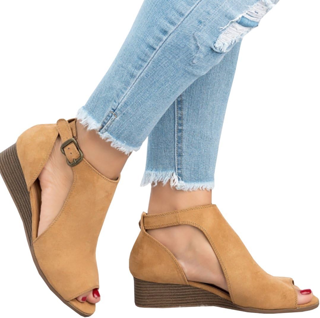 Women's Cut Out Espadrille Platform Wedge Sandals Ankle Strap Peep Toe Suede Shoes