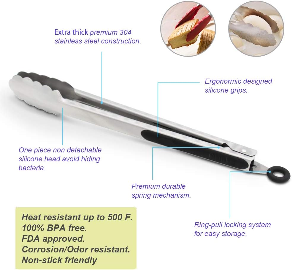 304 Stainless Steel Kitchen Cooking Tongs, 9" and 12" Set of 2 Sturdy Grilling Barbeque Brushed Locking Food Tongs with Ergonomic Grip, Black : Garden & Outdoor