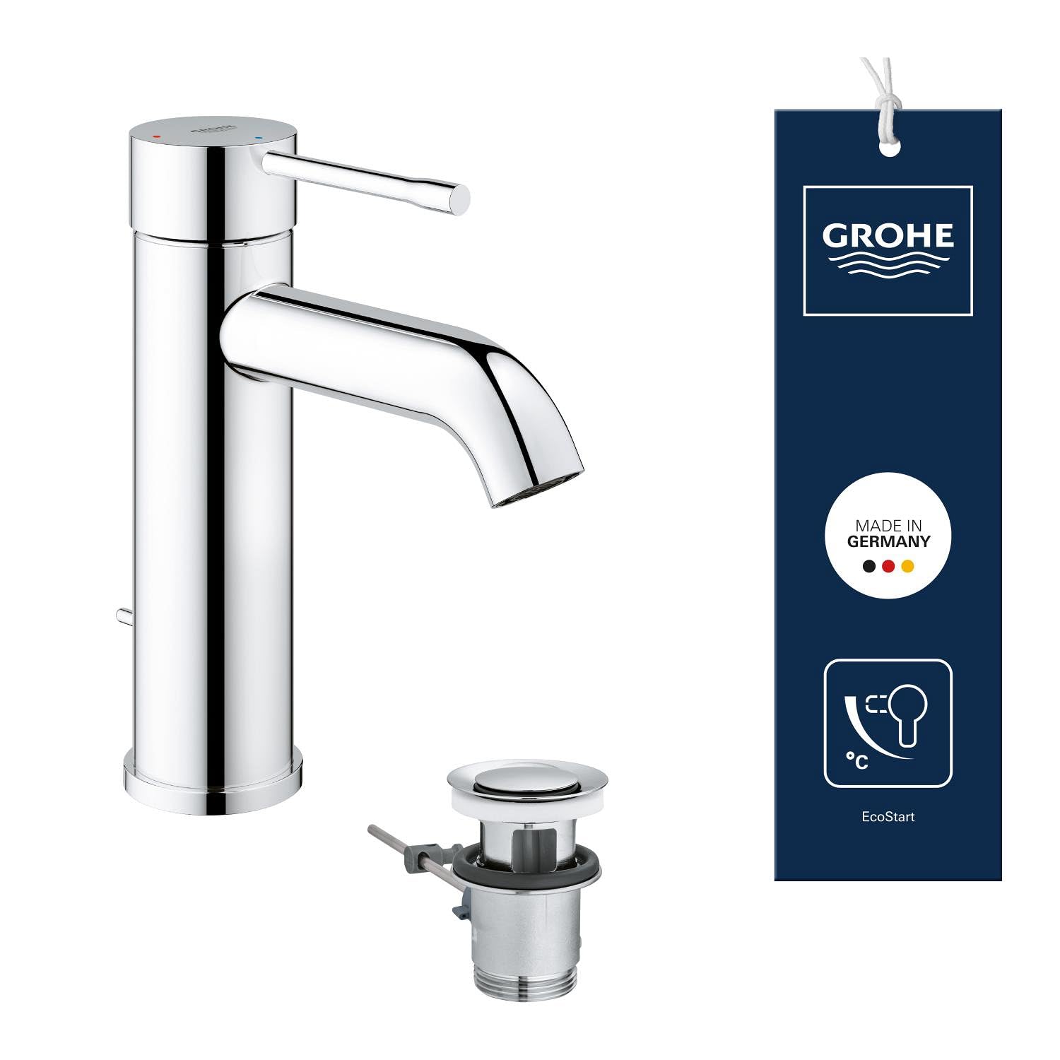 GROHE Essence Basin Mixer Tap with Pop-Up Waste Set (S-Size 208, Metal Lever, 28 mm Ceramic Cartridge, Water & Energy Saving, 3/8 Inch Tails), Chrome, 23591001