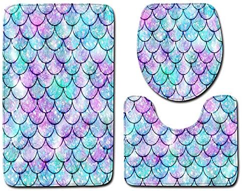 Toilet mats Set Fiaya 3Pcs /4PCS Fish Scale 3D Multicolor Polyester Bathroom Set Rug Contour Mat+Toilet Lid Cover +Plan Solid Color Bath Mats +Shower Curtain (3PCS, Colorful B01)
