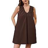 MISSACTIVER Women's Sleeveless Babydoll Tank Mini Dress Scoop Neck Ruched Short Dress with Pockets Brown