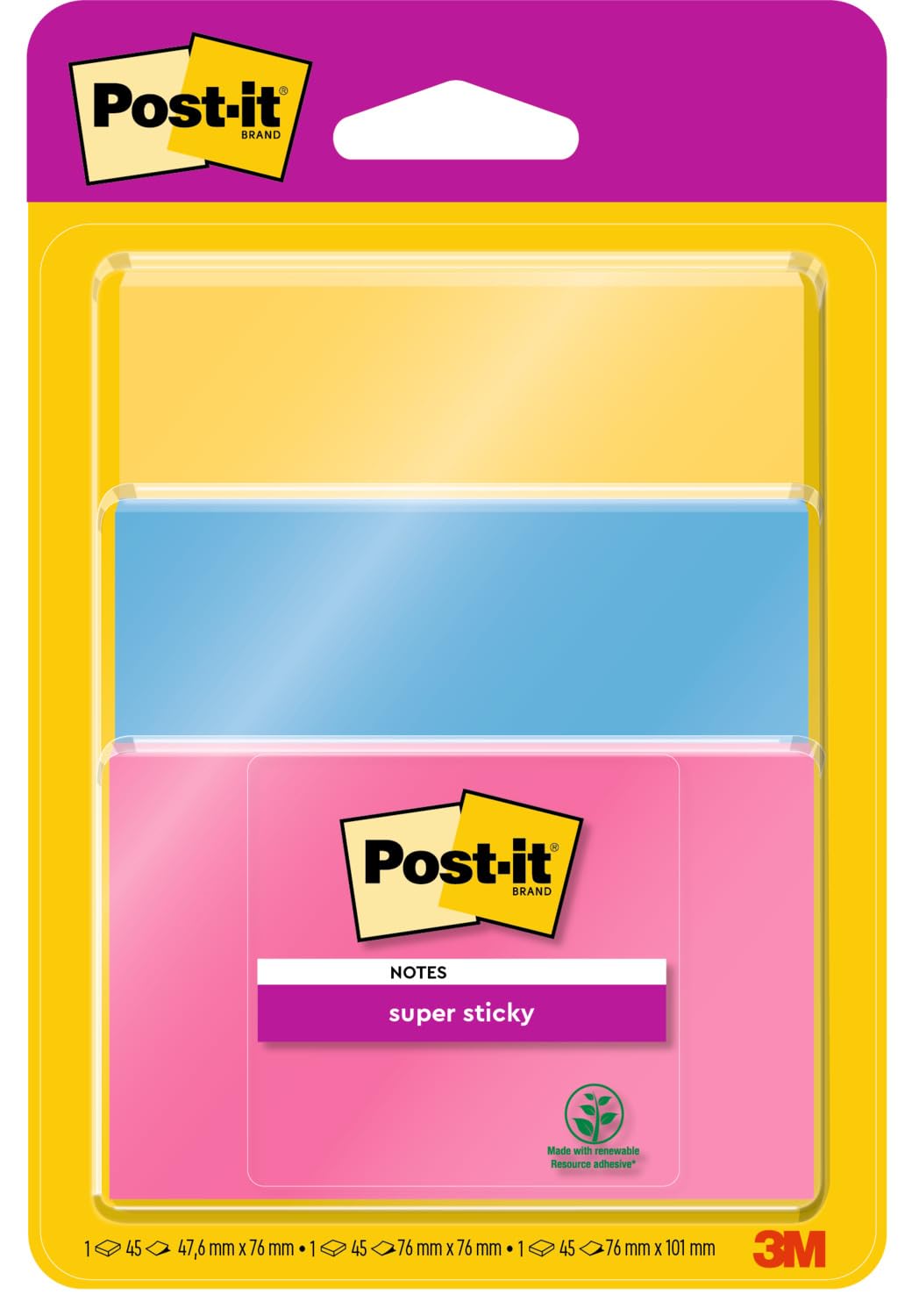 Post-it Super Sticky Notes, 135 Sheets, Pack of 3 Pads - Holds Strong to Many Surfaces - Assorted Colours - for Walls, Monitors and Fridge, Recycable
