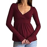 Y2k Long Sleeve V Neck Tops for Women Vintage Ribbed Top Fall Lace Trim Shirt Going Out Coquette Clothes