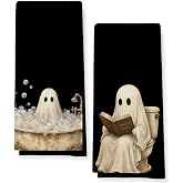 ZIKZAUDOU Halloween Ghost Hand Towels for Bathroom Kitchen Decor, Funny Ghost Reading Book in Bathtub Toilet Kitchen Towels Set of 2, Spooky Gothic Fall Dish Tea Towel, 16x24 Inch