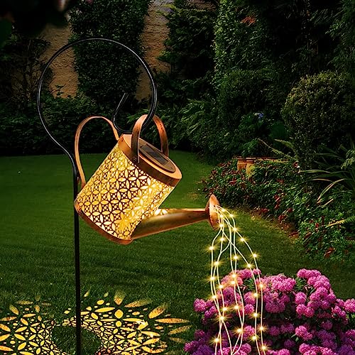 Solar Lights Outdoor Garden Watering Can, Solar Garden Light Waterproof LED Fairy String Lights, Hanging Metal Garden Ornament for Yard Lawn Pathway Patio, Gardening Birthday Gifts for Women Mum