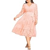 Holipick Women Semi Formal Dresses Plus Size Swiss Dot Long Sleeves Belted A-Line Midi Wedding Guest Spring Fall Dress