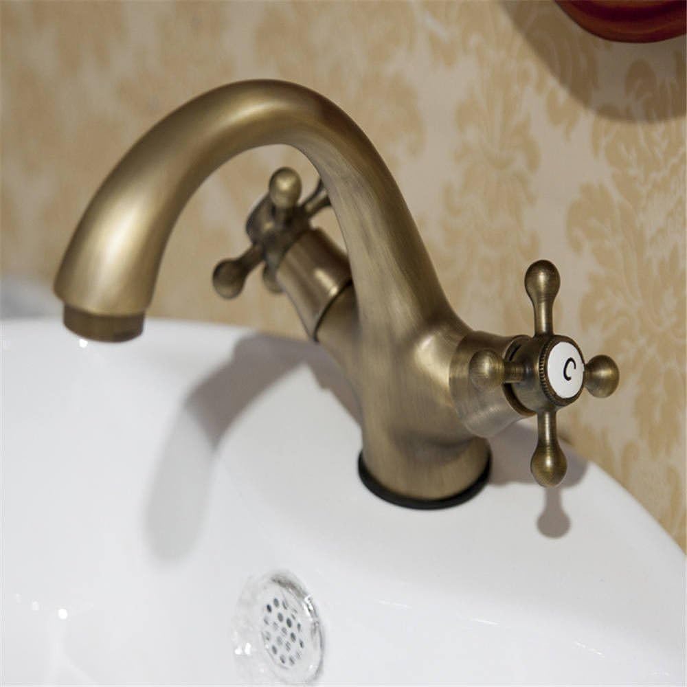 QIMEIM Bathroom Sink Vessel Faucet Basin Mixer Taps Washbasin Faucet Rubbed Bronze 2 Lever Hot and Cold Water Brass 1 Hole Valve Antique Sink Tap for Bathroom Kitchen Faucet