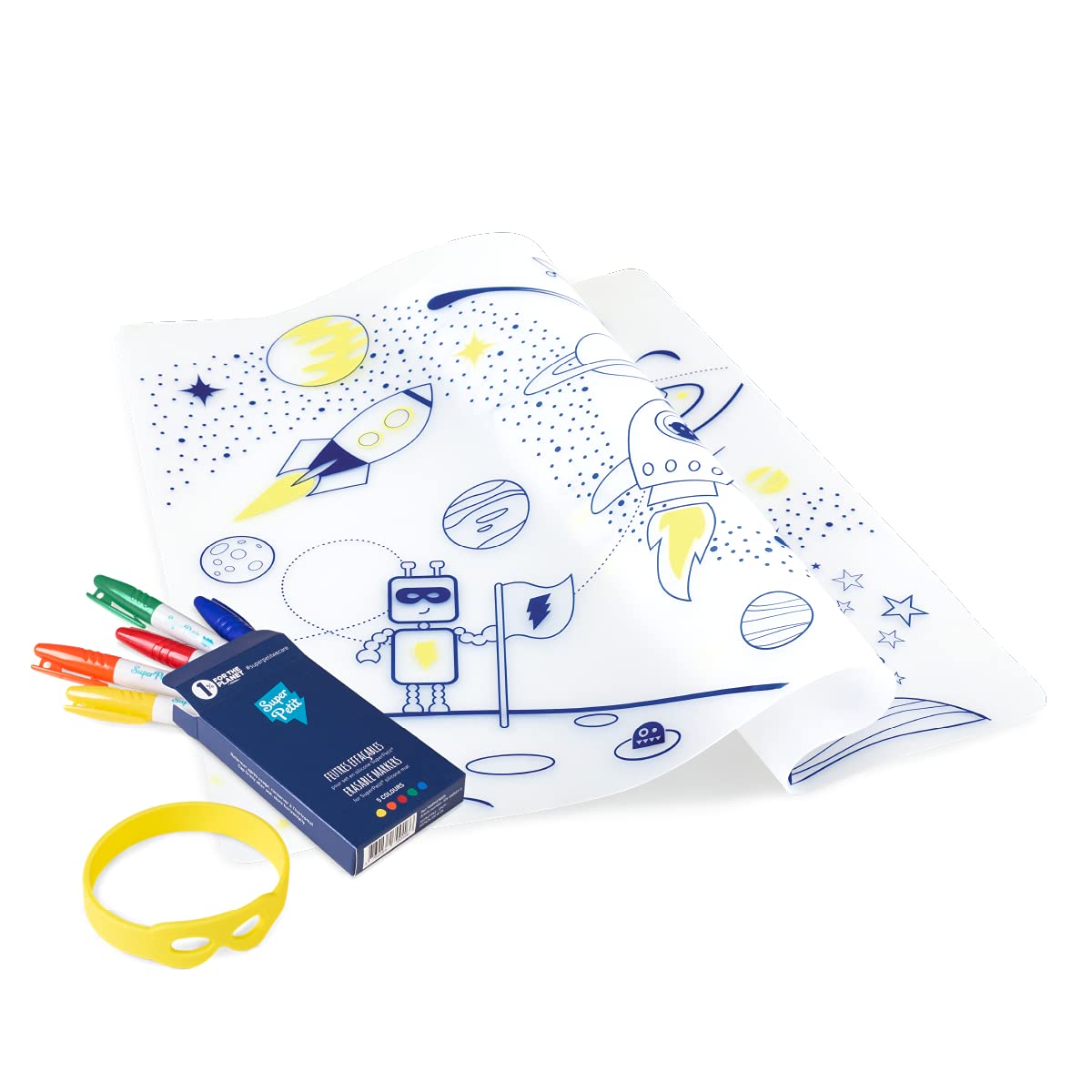 SUPER PETIT - Colouring Placemat - Space - 5 Felt-Tip Pens & Bracelet Included - Easy to Clean - Reusable - Antibacterial - From 3 Years — image 1