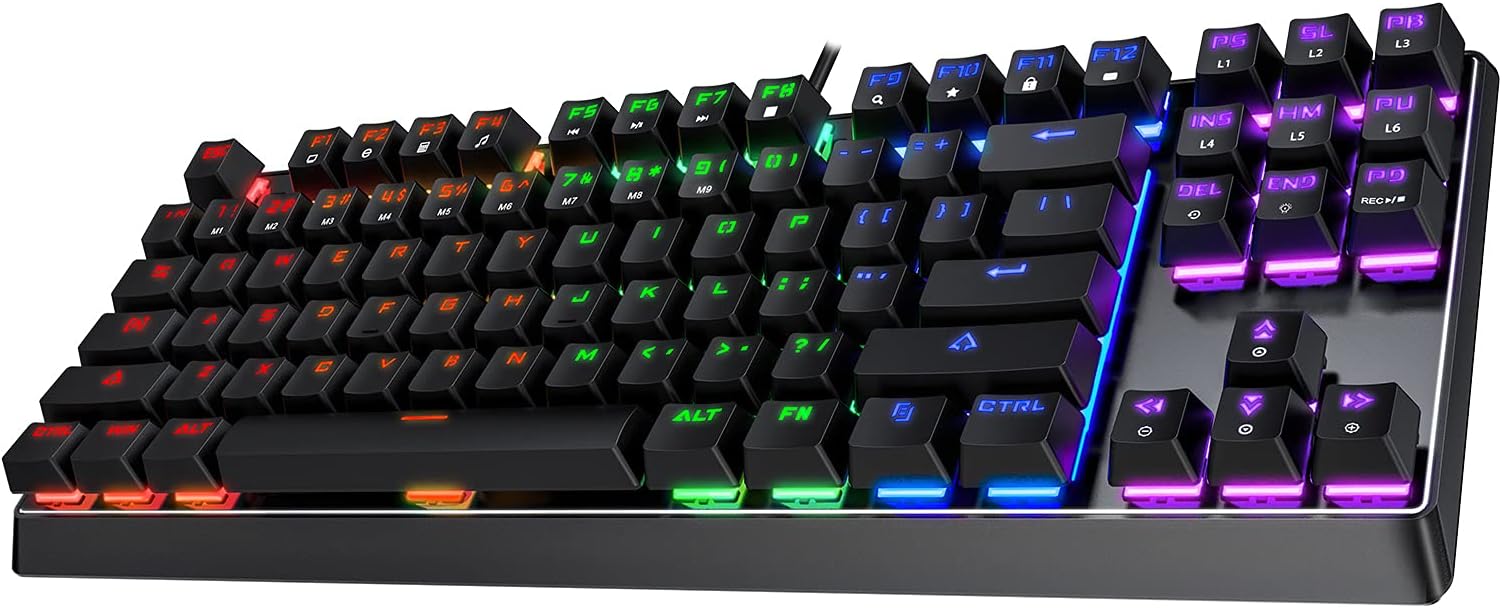 Vic Tech FL PC320 Mechanical Gaming Keyboard TKL, 33 Rainbow LED Backlit Modes Clicky Blue Switches 100% Anti-Ghosting Double Shot Tenkeyless Small Compact PC Computer Metal Keyboard (87 Keys, Black)