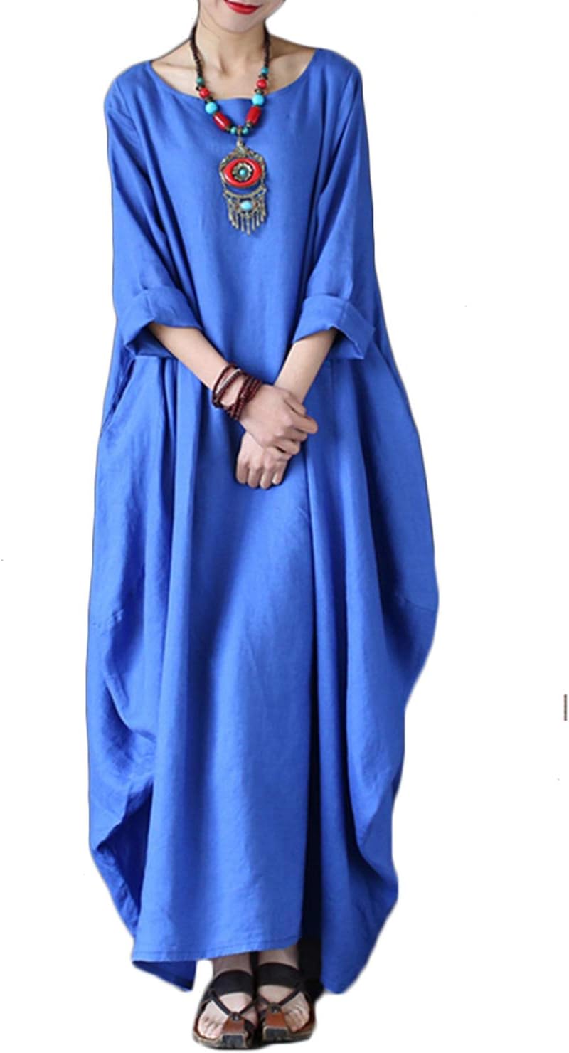 CelmiaAutumn Solid Loose Long Maxi Dress Cotton Caftan