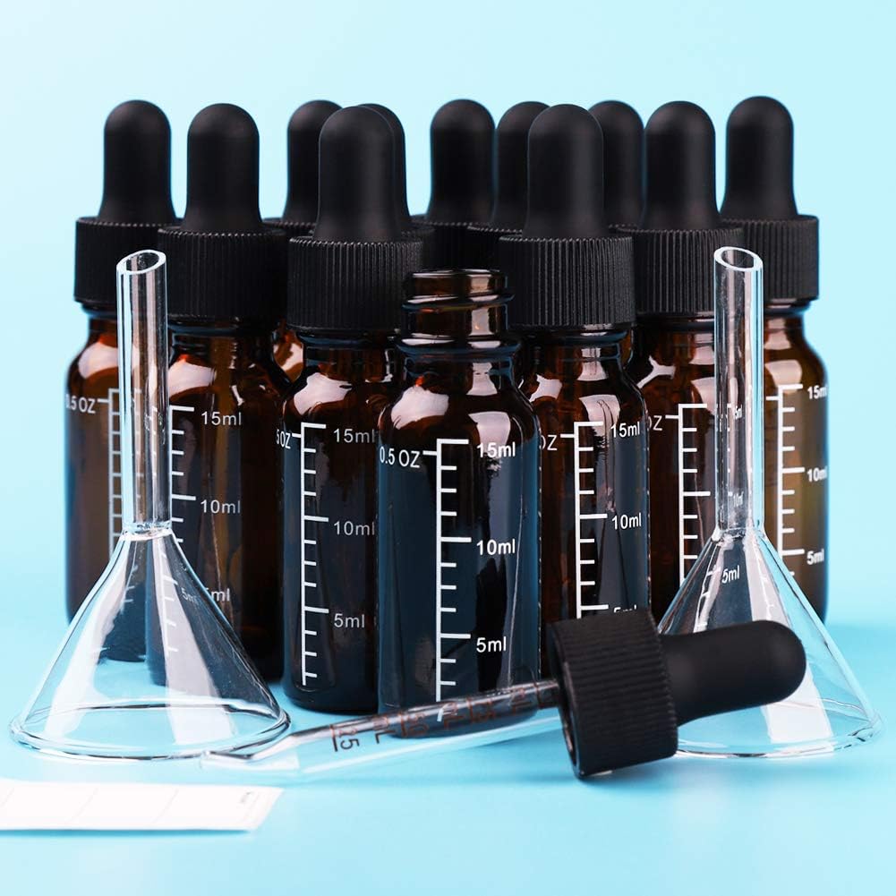 12pcs 15ml Glass dropper eliquid bottle Dropper with non-childproof caps measure scale and strong suction Nozzle bottle with funnel and tags (Brown Glass, 15ml x 12pcs): Kitchen & Dining
