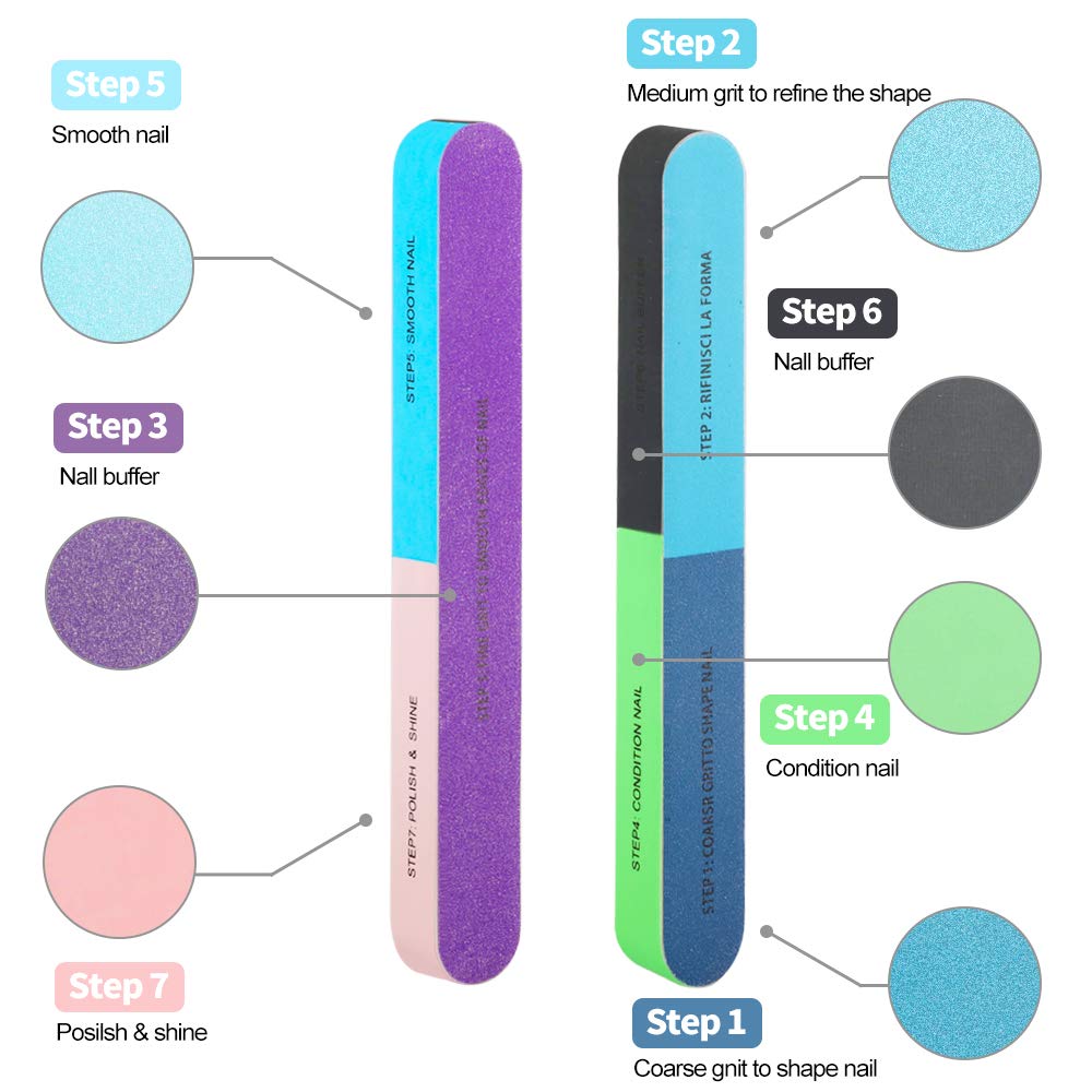 12 PCS 7 Way Nail File and Buffer Block, YIMICOO Professional Manicure Tools 7 Steps Emery Boards for Women Girls : Beauty