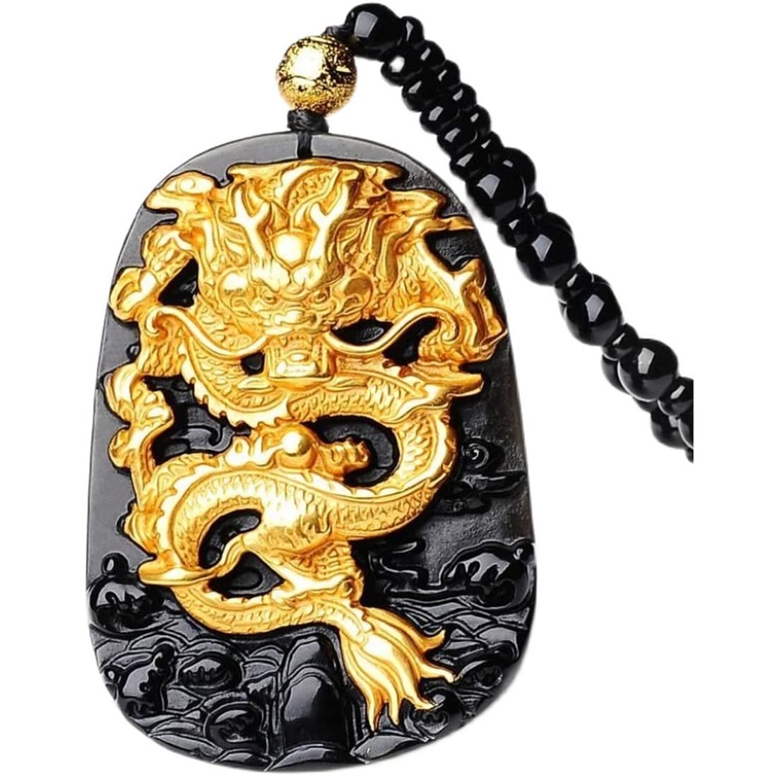 yigedan 18K 999 Pure Yellow Gold Inlay Natural Obsidian Black Jade Pendant Dragon
