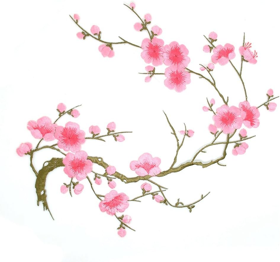 CUTEHILL Iron on Patches, Flower Applique Patches, Embroidery Patches, Big Pink Plum Blossom Embroidery Applique, 14.1"x7.5" (36x19cm)