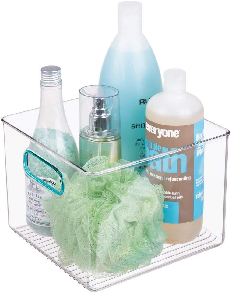 mDesign Plastic Storage Organizer Container Cube Bin with Handles - for Bathroom Vanity Countertops, Shelves, Cabinets Organization - Holds Soaps, Body Wash, Shampoos, Lotion - 8" x 8" - Clear/Blue