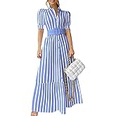 utcoco Womens Striped Button Down Shirt Dress Casual Puff Short Sleeve Ruffle Hem Maxi Dresses with Belt