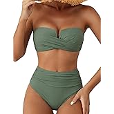 Hilor Bandeau Two Piece Bathing Suits for Women with Strap Retro High Waisted Swimsuits Sexy Push Up Bikini Swimwear
