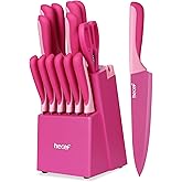 hecef 15 Pieces Kitchen Knife Set with Built-in Sharpening Wooden Block, Dishwasher Safe, High Carbon Stainless Steel Knife Block Set with Steak Knives, Kitchen Scissors, Hot Pink