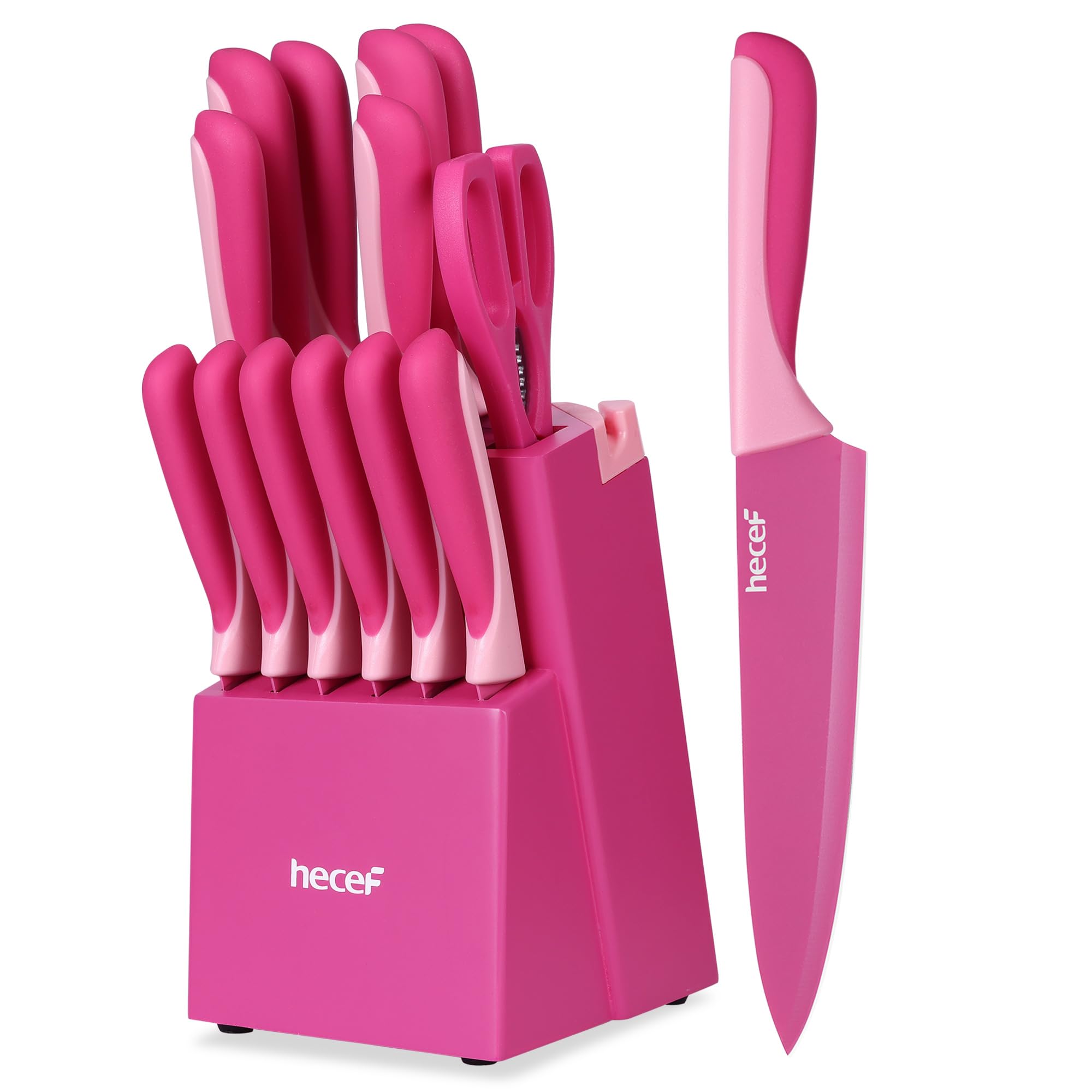 Photo 1 of hecef 15 Pieces Kitchen Knife Set with Built-in Sharpening Wooden Block, Dishwasher Safe, High Carbon Stainless Steel Knife Block Set with Steak Knives, Kitchen Scissors, Pink