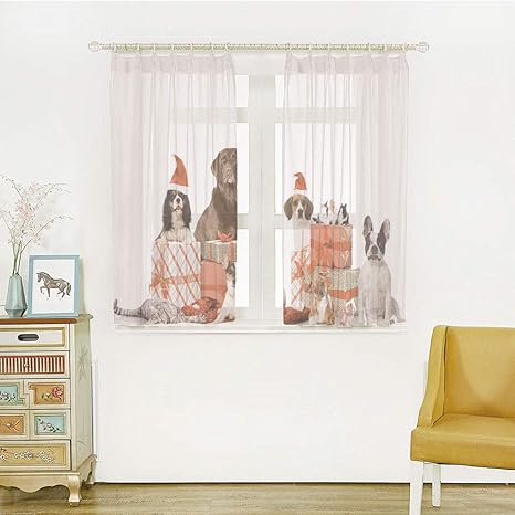 Amazon Uvカット レースカーテン お部屋が明るい でもしっかり Uvカット 外から見えにくい 幅150x丈100m 2枚入 クリスマス 驚きのクリスマスプレゼントと愛らしい犬猫とウサギのいくつかのペット 茶色赤白 カーテン ブラインド オンライン通販