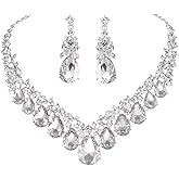 Qlavoca Crystal Teardrop Bridal Jewelry Set Rhinestone Bib Statement Necklace Dangle Earrings Women Costume Fashion Necklace for Wedding Prom