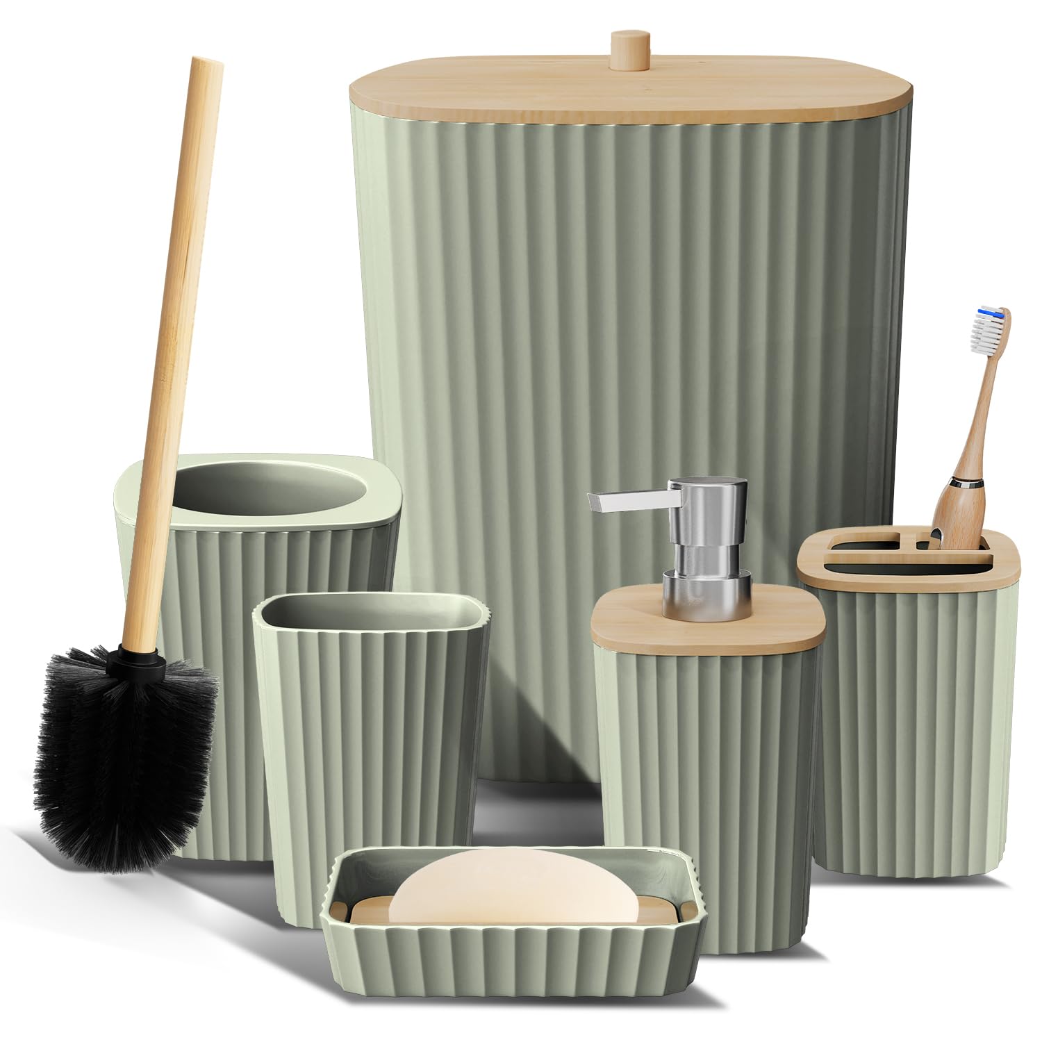 Photo 1 of *** package is damaged, but product is fine **
Clara Clark Bathroom Set - Sage Green Bathroom Accessories Set, 6PC Bathroom Accessory Set, Bathroom Sets with Toilet Brush, Trash Can & Soap Dispenser
