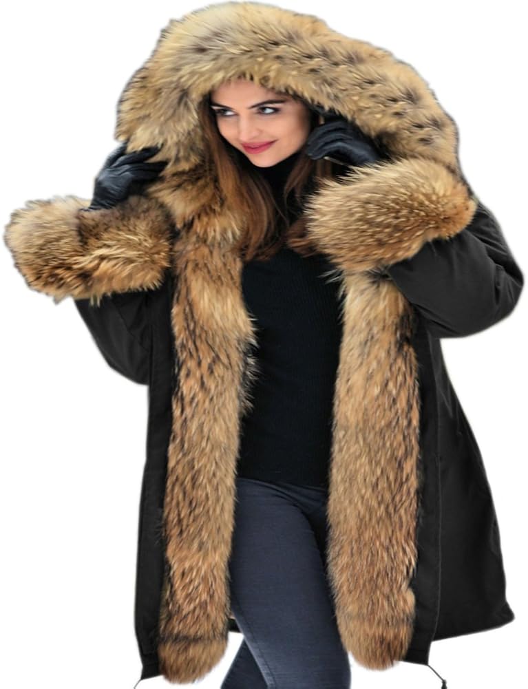 Aofur Womens Hooded Faux Fur Lined Warm Coats Parkas Anoraks Outwear Winter Long Jackets: Clothing