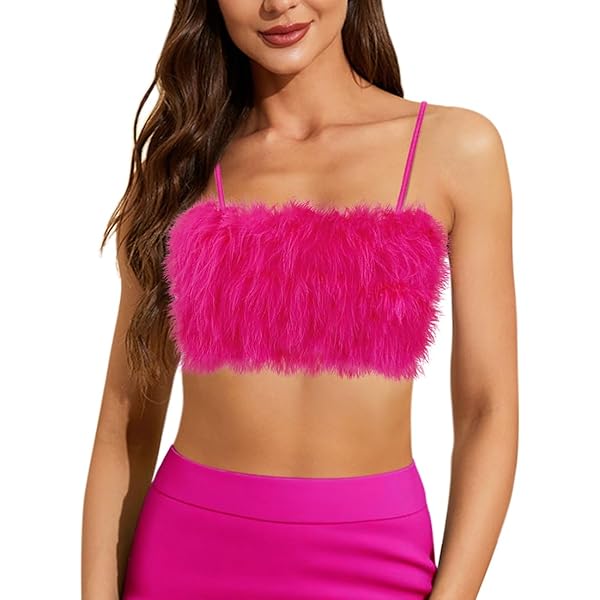 JUMISEE Women Sexy Faux Fur Trim Spaghetti Strap Crop Camisole