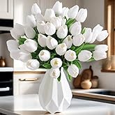 SHINE-CO LIGHTING PU Real Touch Tulips Artificial Flowers 30Pcs Flowers Arrangement Bouquet for Home Office Wedding Decoration (White)