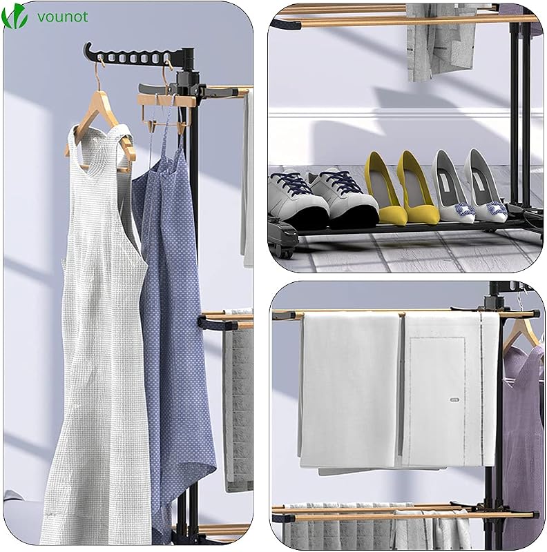 ® Tendedero Vertical Tipo Torre, Tendedores de Ropa Plegable, Estantes de Secado Ropa de Metal con 6 Alas Plegables y 4 Ruedas, Aspecto de Madera, 3 Niveles
