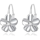 Moissanite Plumeria Leverback Hoop Earrings Sterling Silvr Hawaiian Plumeria Flower Jewelry Gift for Women