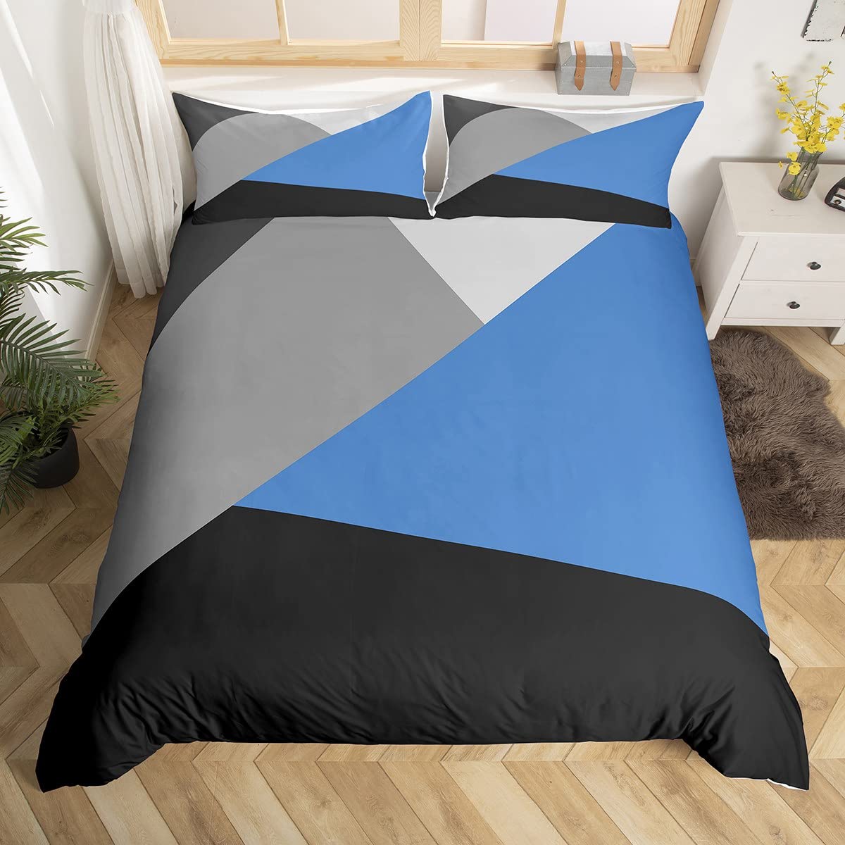Homewish Geometric Single Duvet Cover Set with 1 Pillowcase - Single Size, 100% Soft & Breathable Polyester, Zip Closure - Blue Grey Triangle Bedding - Modern Simple Pattern with Black Reverse โ image 1