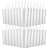 LEIFEOSH 24 Pack Plastic Tumblers with Lids and Straw, Reusable Cups with Lids and Straws White Cups for Cold Drink Iced Coffee, Plastic Tumbler Bulk for Party Birthday Gifts (24 oz, White)