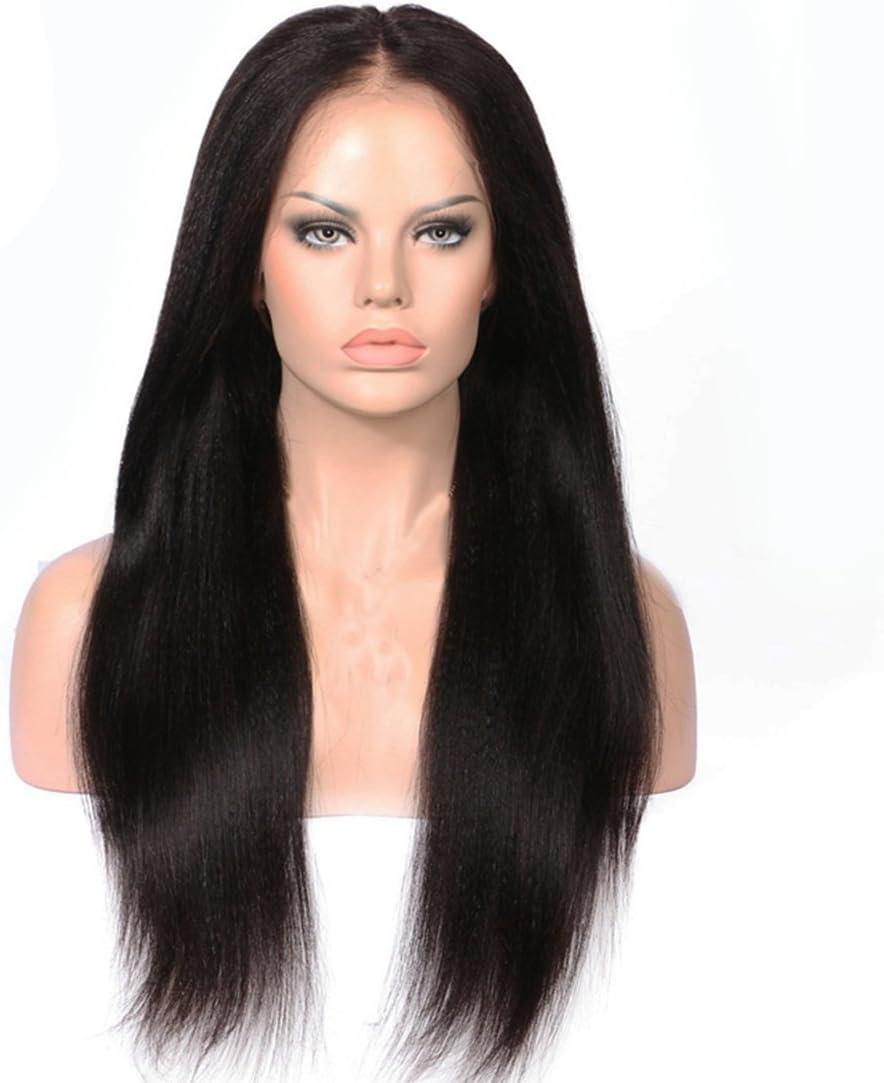 IberteHair Beauty Fashion Synthetic Yaki Straight Lace Front Wigs Kinky Straight Coarse Perm Yaki Hair Extensions Wig with Baby Hair Around for Black Women(16 inch)