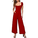 Aprilake Womens Jumpsuit Dressy Casual Cap Sleeve Square Neck Wide Leg Long Pant Rompers With Pockets