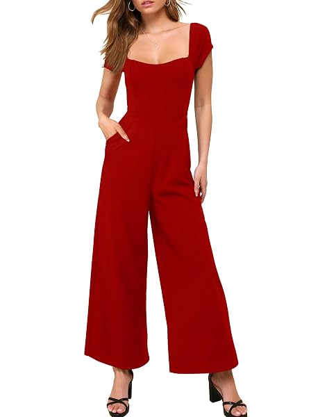 APRILAKE WOMENS JUMPSUIT DRESSY CASUAL CAP SLEEVE SQUARE NECK WIDE LEG LONG PANT ROMPERS WITH POCKETS RED
