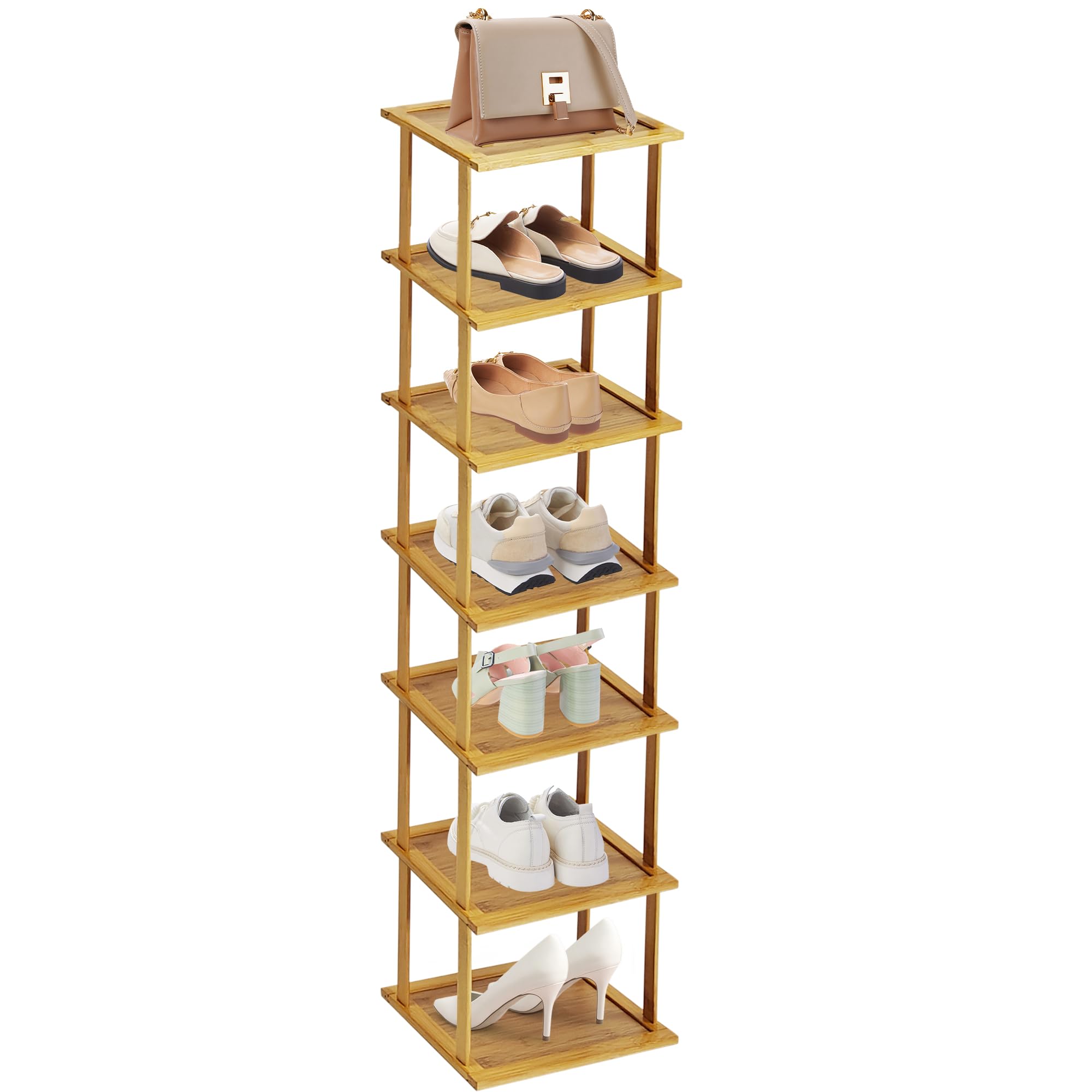 WENLISELL 7 Tier Bamboo Shoe Rack, Narrow Wood Shoe Racks Storage, Vertical Shoe Rack for Narrow Closet, Hallway, Entryway, Bedroom