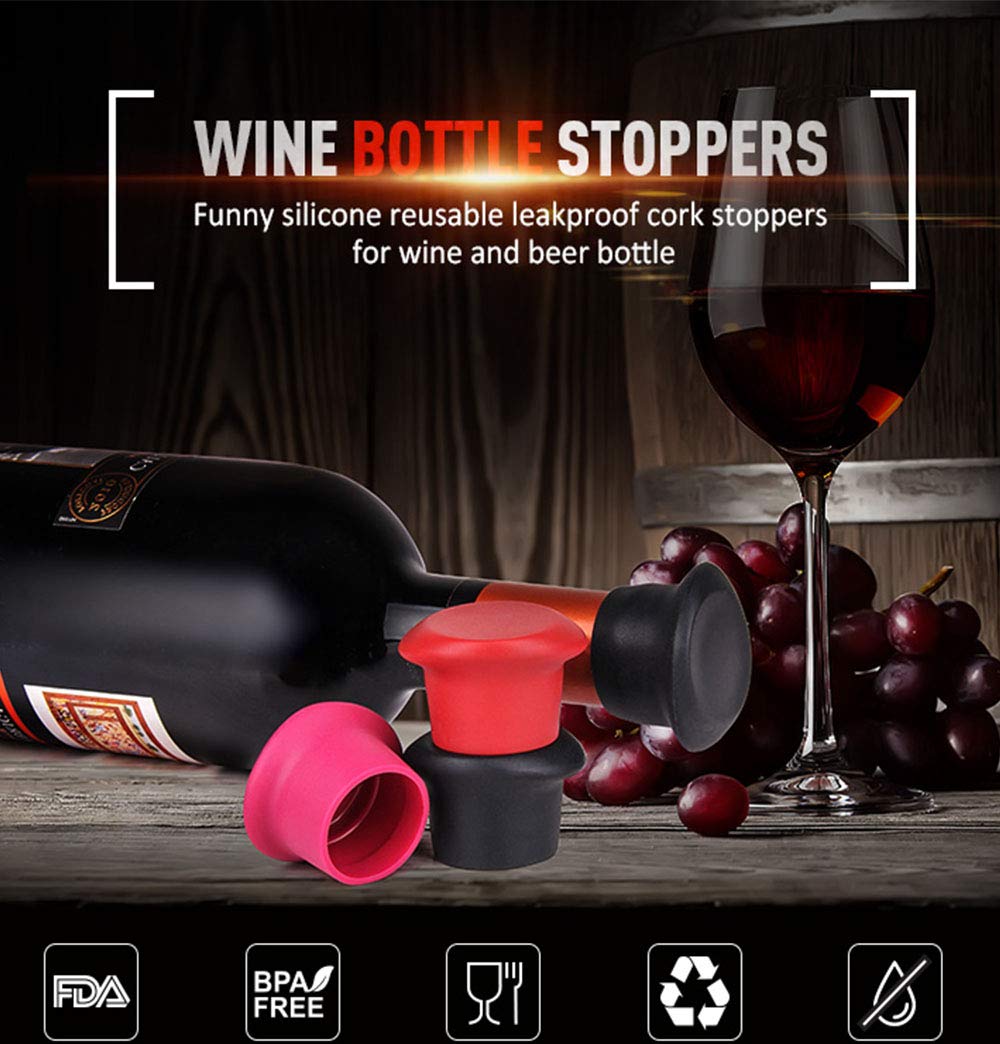 6 Wine Stoppers,Kitchenware Bottle Caps,Set of 6 Silicone Wine Reusable Caps Stoppers for Wine and Beer Bottles(Black2,Grape Purple 2,Red2)-P&M Home