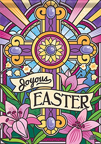 Joyous Easter Cross House Flag Lily Religious Stain Glass Decorative 28″ x 40″