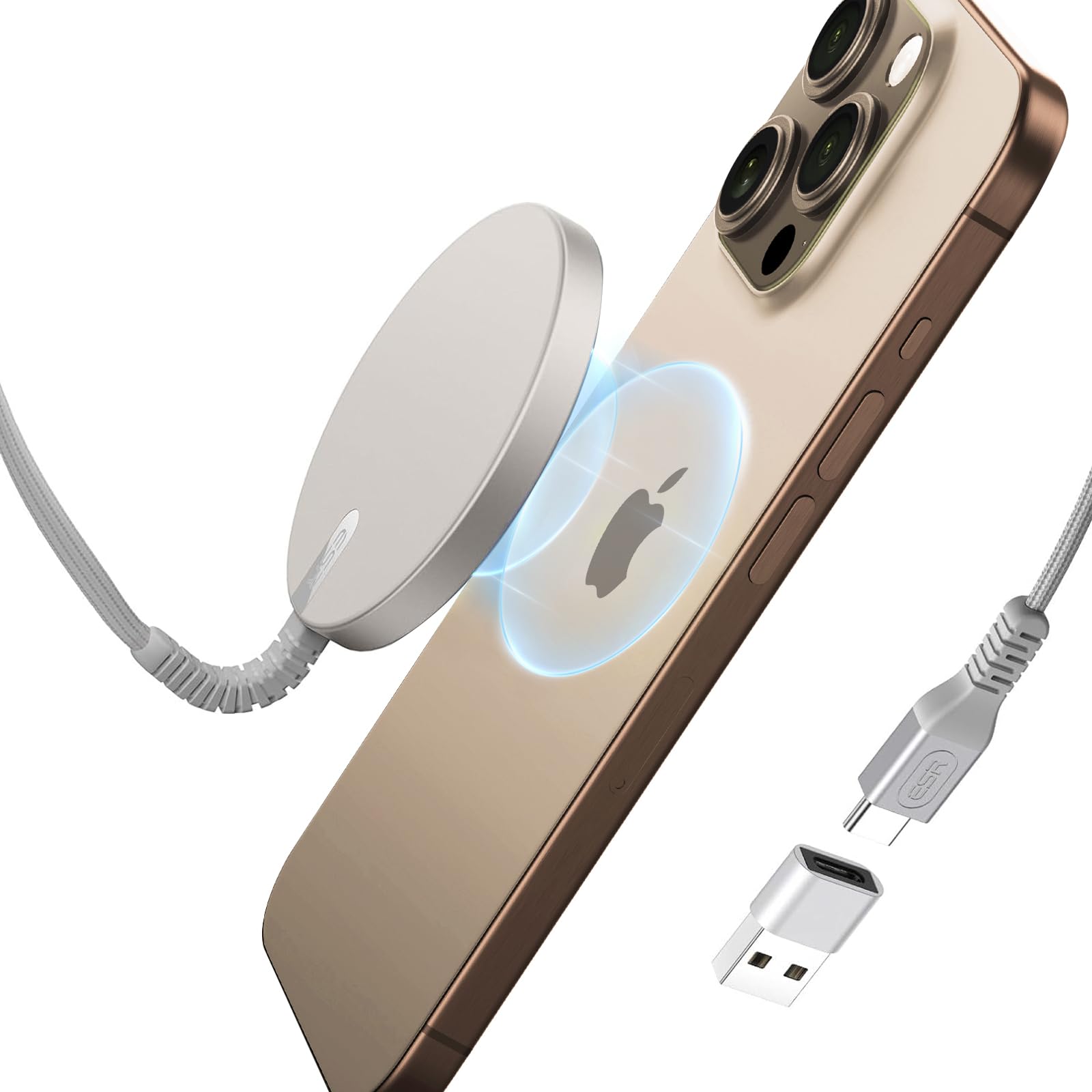ESR Wireless Charger for MagSafe Charger(HaloLock), Phone Charger,Compatible with iPhone 17/16/15/14/13/12 Series, AirPods 4/3/AirPods Pro, Strong Magnetic Lock, Natural Titanium